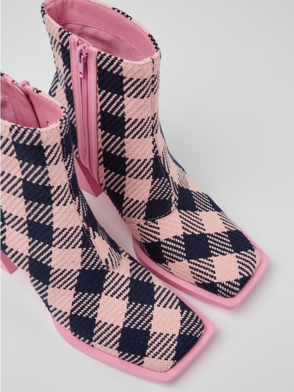 Camper Karole Pink Navy Blue Cotton Plaid Ankle Boots Square Toe Funky 38 US 7.5